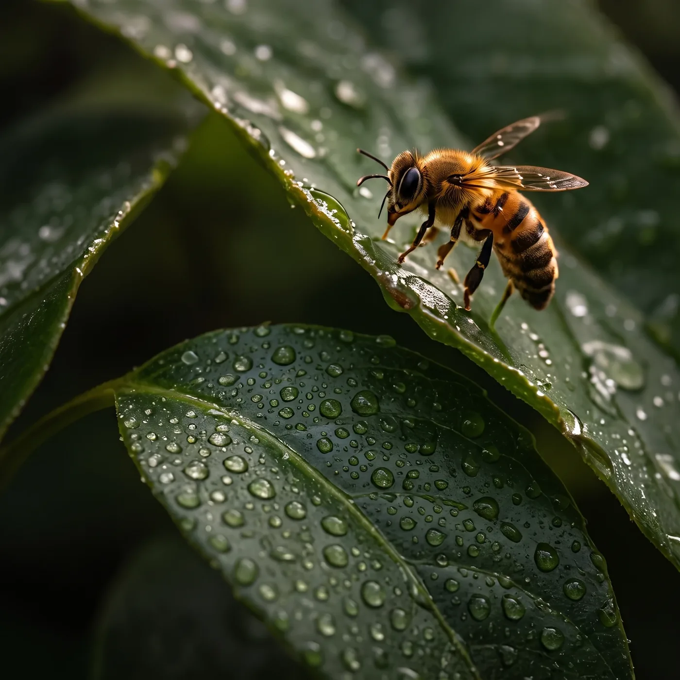 Abeja posada sobre una hoja cubierta de gotas de rocío