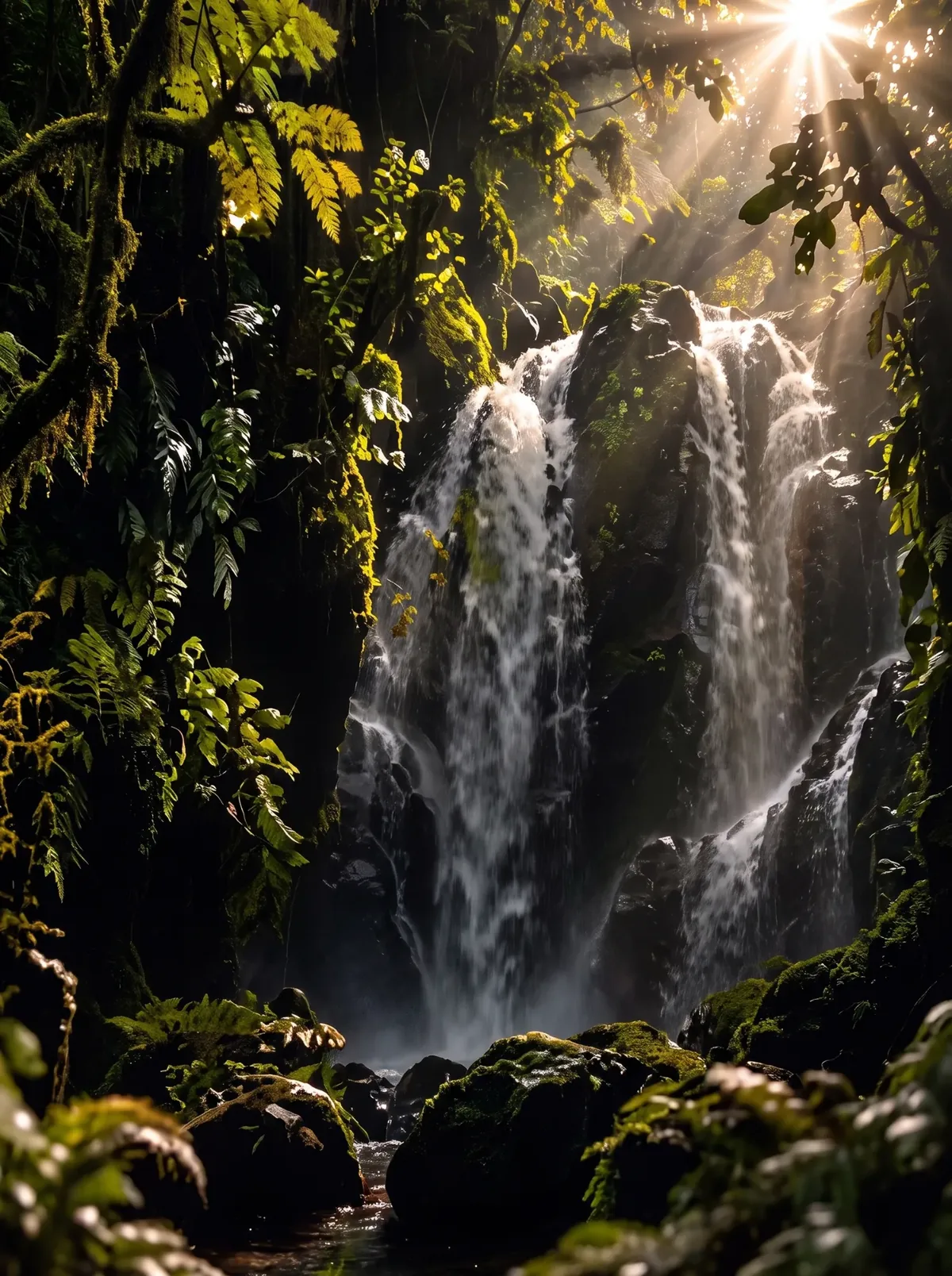 Cascada entre helechos y musgo, iluminada por rayos de sol en el bosque de Oxapampa