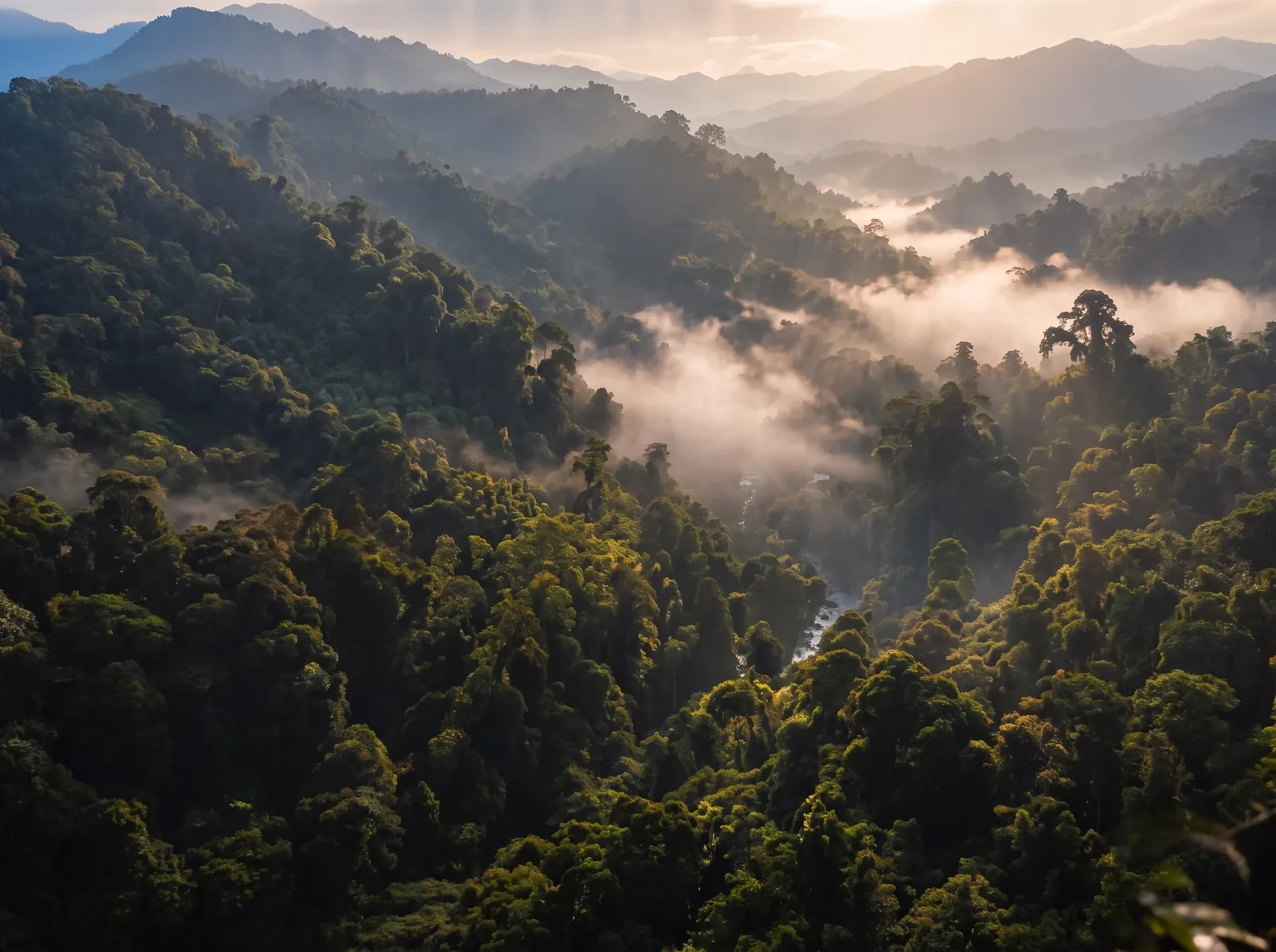 Valle de Oxapampa cubierto de bosque y niebla al amanecer, atravesado por un río